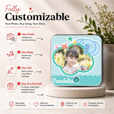 Elephant Theme Personalised Musical Fridge Magnet with Custom Photo Rechargeable Battery, Type-C USB Charging Birthday Gift for Girls & Boys